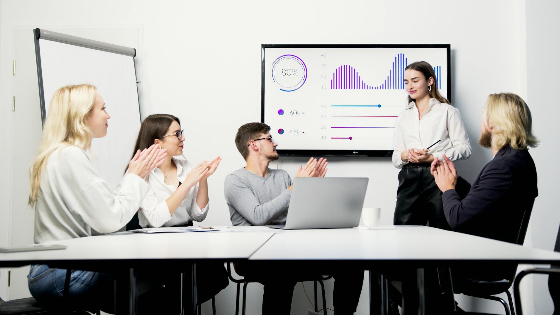 a group of people clapping to a woman presenting a graph on screen with success rate